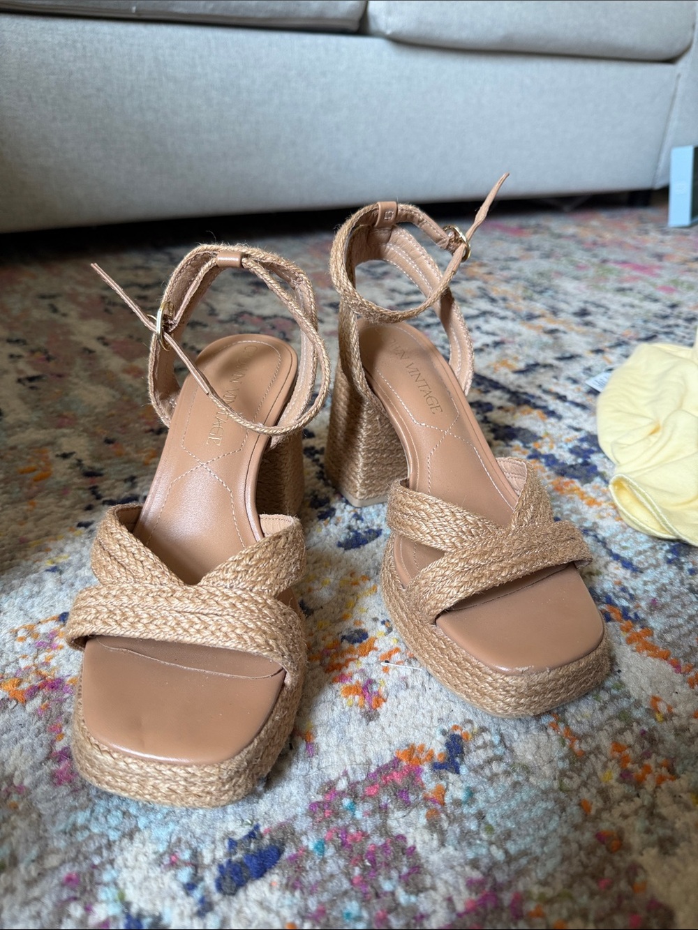 Crown Vintage Braided Platform Ankle-Strap Sandals in Tan